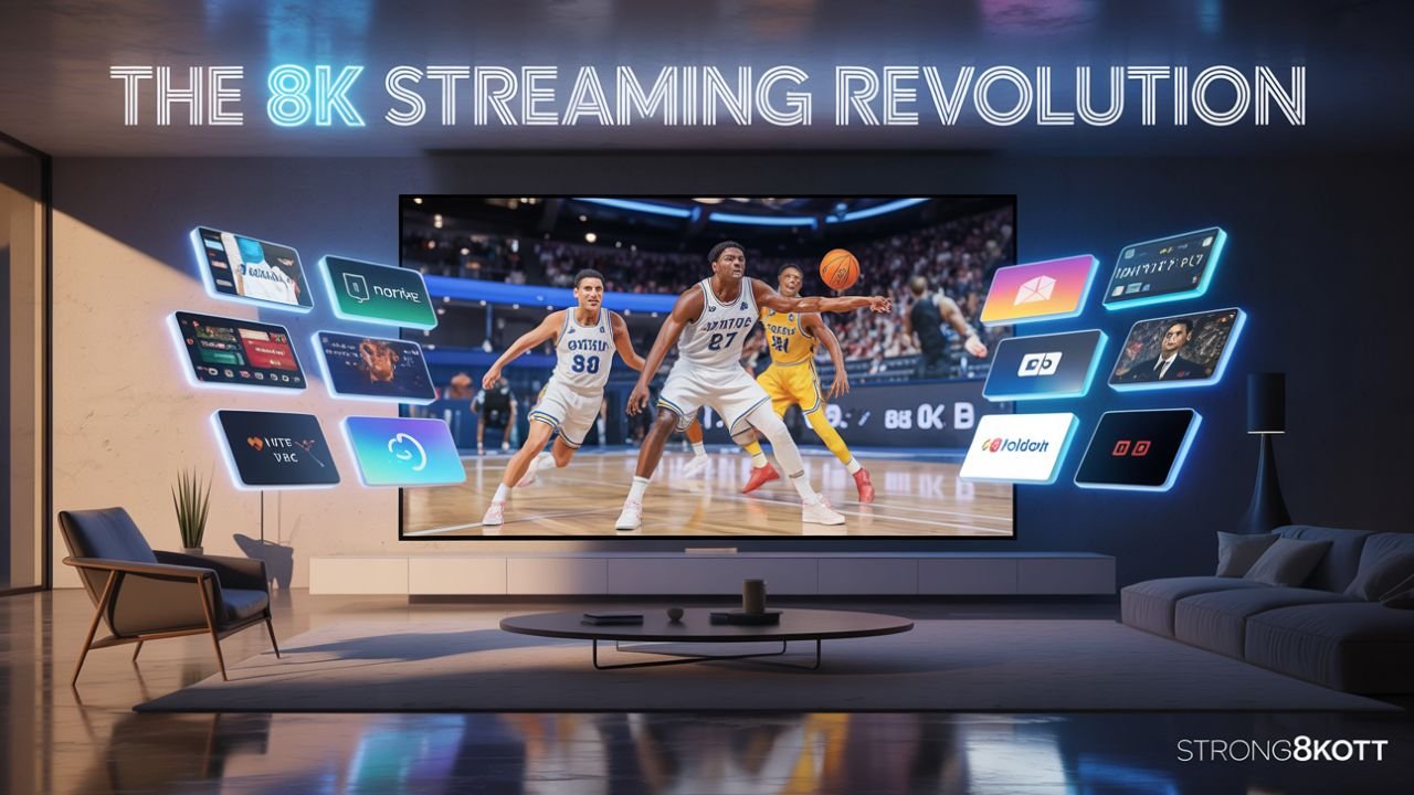 Featured Strong IPTV 8K streaming revolution futuristic living room.
