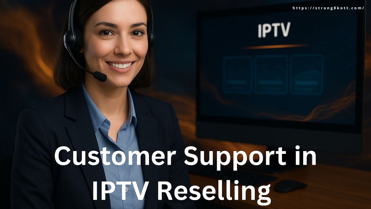 Customer support agent assisting IPTV Reselling clients at a modern desk setup.