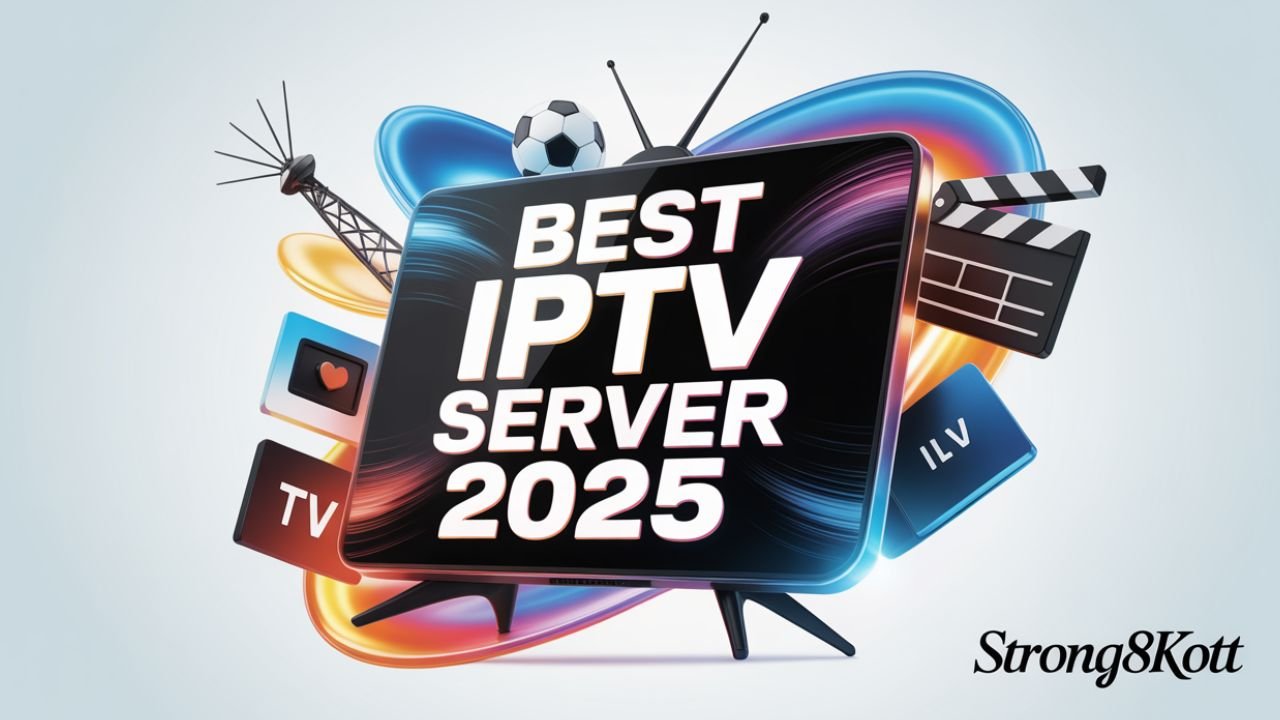 Flat illustration of a TV screen with “Best IPTV Server 2025” text, surrounded by icons for sports, movies, and live TV, with Strong8kOTT signature.