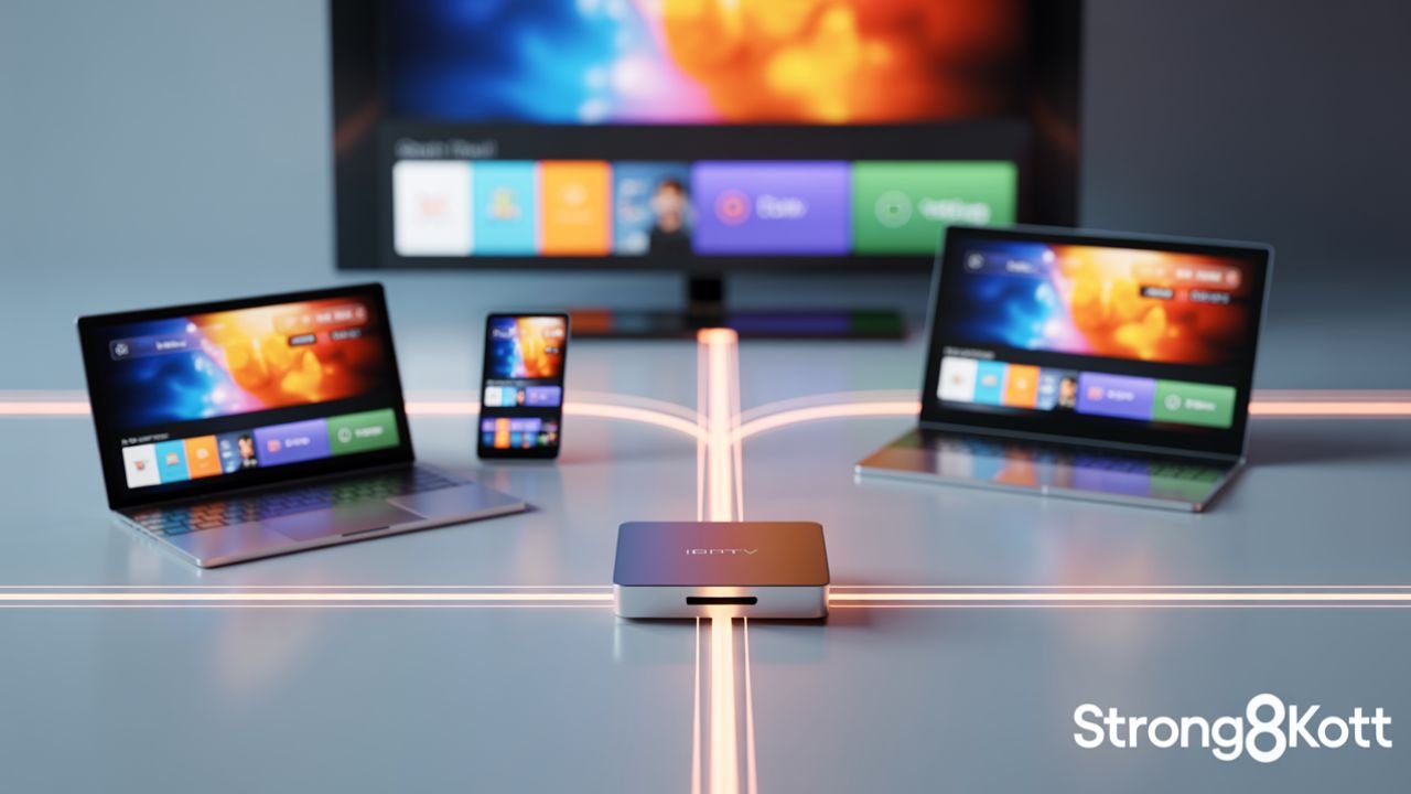 Alt text: Flat illustration of a central IPTV server box connected to a Smart TV, laptop, tablet, and smartphone with glowing screens, and movies, with Strong8kOTT signature watermark.