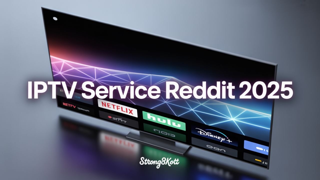 Modern digital illustration showing IPTV Service Reddit 2025 title with streaming icons and internet grid background.