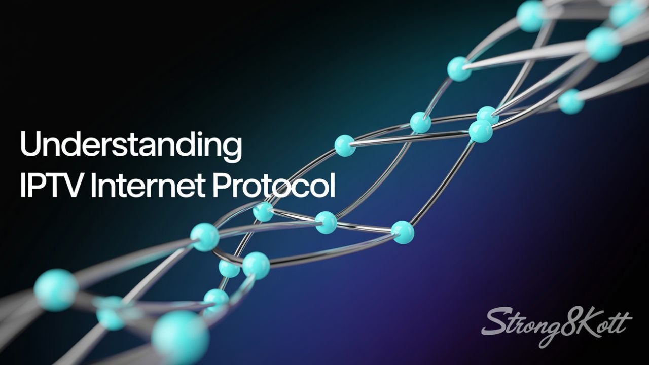 Futuristic digital banner illustrating IPTV Internet Protocol with glowing network design