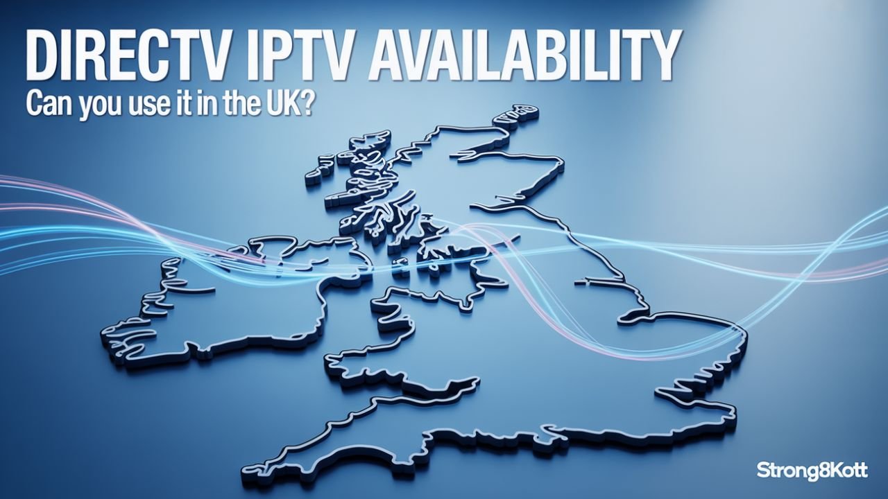 Digital illustration showing DIRECTV IPTV availability in the UK with blue tech map and article title text.