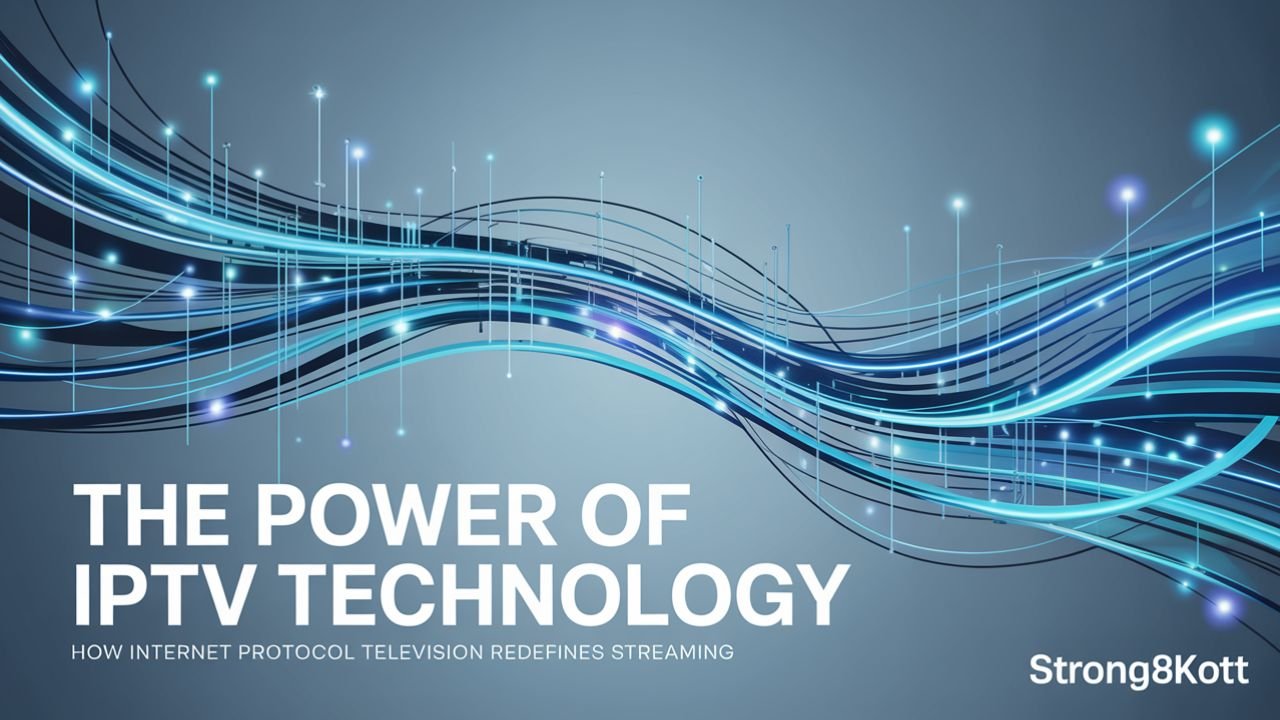 Abstract digital design showing the power of IPTV technology with title text and glowing network visuals.