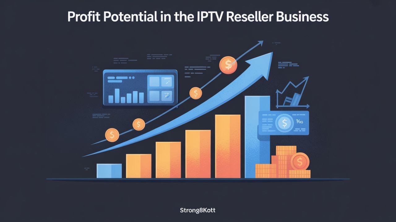 Graphic with rising profit bars showing IPTV reseller earning potential.