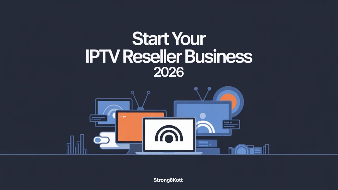 Digital illustration showing the title Start Your IPTV Reseller Business 2026 with IPTV icons.