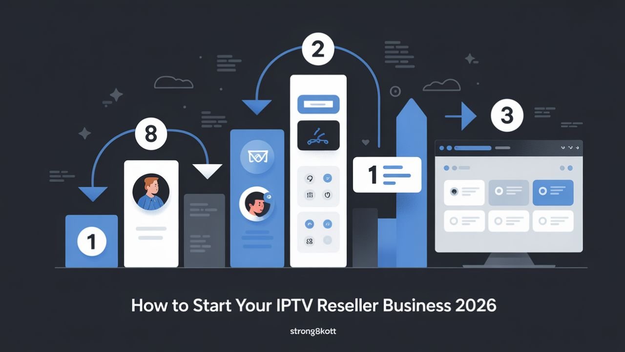 Illustration with step-by-step symbols guiding how to start an IPTV reseller business.
