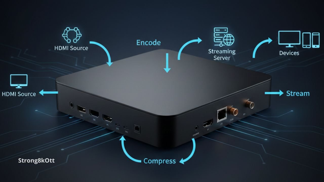 Diagram showing how an IPTV encoder box works from source to streaming devices.
