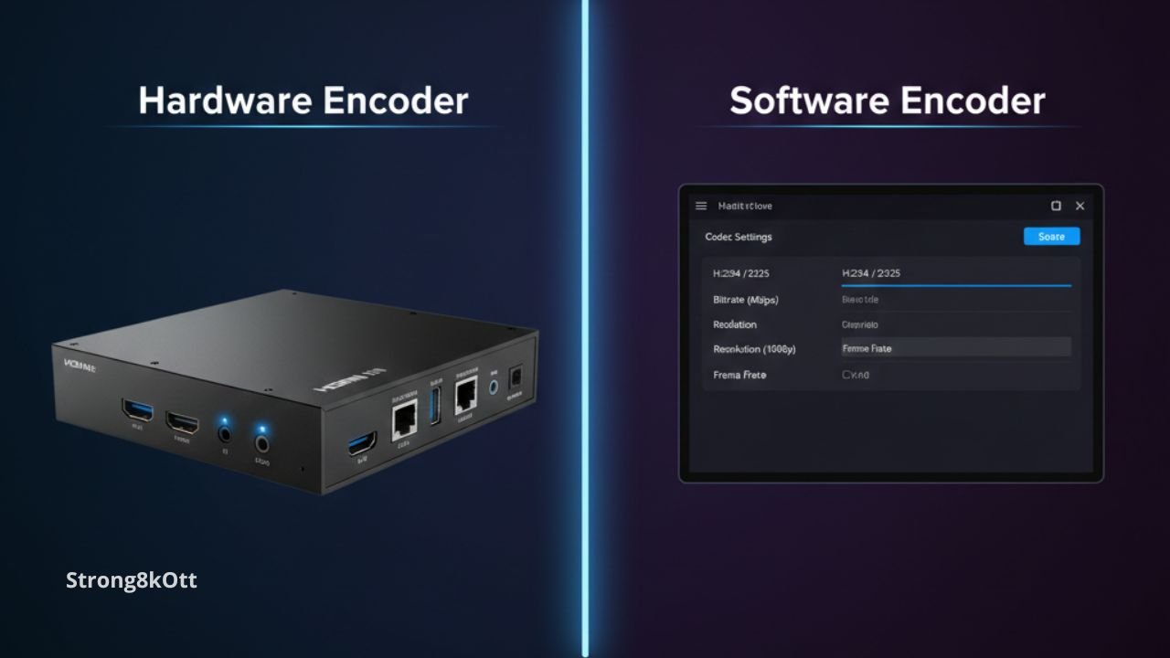 Comparison image of IPTV encoder box types hardware vs software.