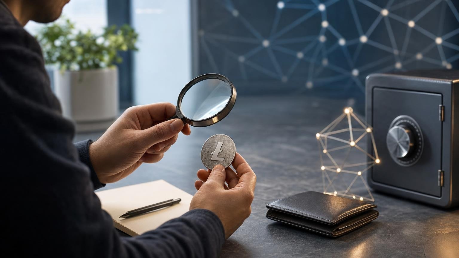 A Litecoin wallet screen with an LTC address being checked against exchange details before a transaction is approved